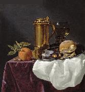 Tankard with Oysters, Bread and an Orange resting on a Draped Ledge, simon luttichuys